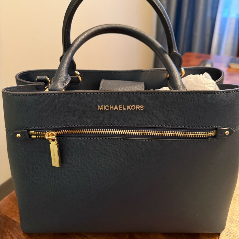 Michael Kors Dark Blue Satchel with Gold Accents